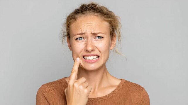 Woman with a concerned expression touching her neck and looking to the side