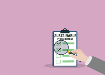 Fototapeta premium Sustainable procurement concept. ESG concept. Hand holding document with checklist and annotations 