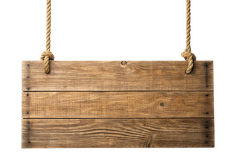 rustic wooden plank sign hanging by ropes isolated on a transparent background.