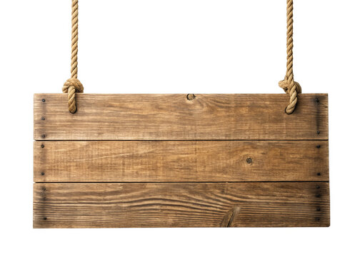 rustic wooden plank sign hanging by ropes isolated on a transparent background.