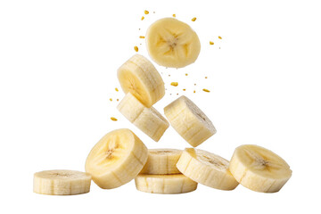 sliced bananas falling mid-air isolated on a transparent background.