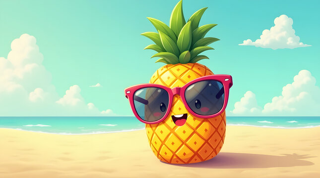 A cheerful cartoon pineapple wearing oversized pink sunglasses on a sunny beach.