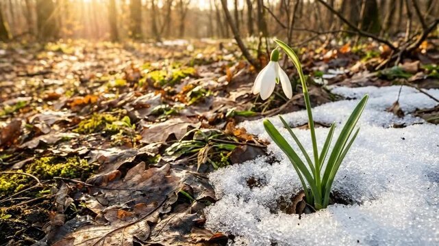 First snowdrop blooming in forest with melting snow. Early spring flower symbolizing new beginning and nature awakening.