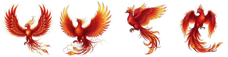 Fototapeta premium Set of mythical phoenix birds with fire feathers and flaming wings isolated on white background