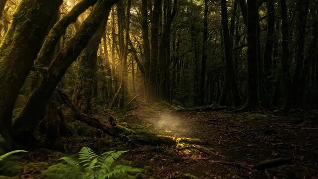 Sunlit forest path with mossy trees. Ethereal light filtering through woods. Magical spring forest landscape with glowing mist.