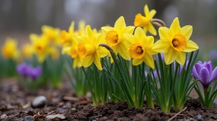 Obraz premium Yellow daffodils emerging from thawed earth with violet crocuses nearby
