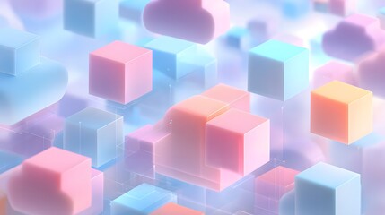 Obraz premium Abstract 3D Glowing Colorful Cubes Floating Above White Fluffy Clouds.