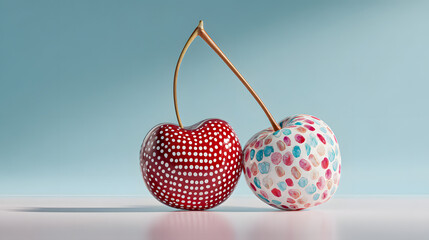 Decorated cherries on a blue background