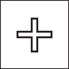 Obraz premium Plus sign icon in a square frame represents addition, positive value, or medical assistance, rendered as a simple black outline graphic on a clean white background, suitable for user interface.