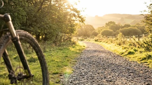 Mountain bike resting on a wooden fence post beside a gravel path in a sunny spring field near forest. Cycling trail for adventure travel.