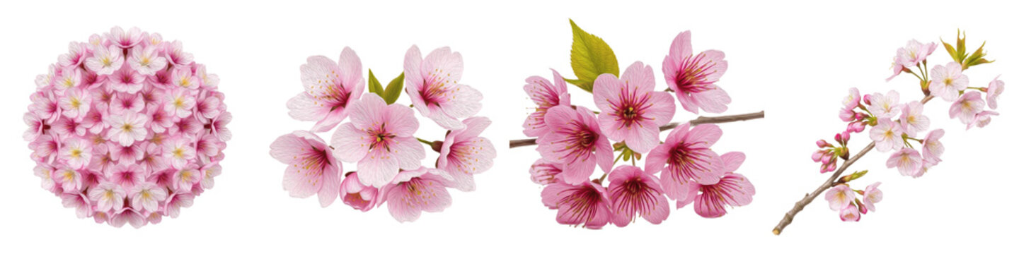 Collection of pink cherry blossom flowers and sakura branches isolated on white background, spring floral design elements.
