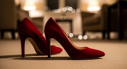 Elegant pair of high heels in vivid red, set on a beige carpet with soft bokeh background