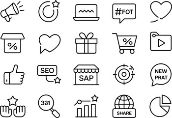 Set of marketing line icons, business online promotion, seo, social media