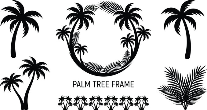 A collection of black silhouette palm tree illustrations including a circular frame and various single trees and foliage elements isolated on transparent background
