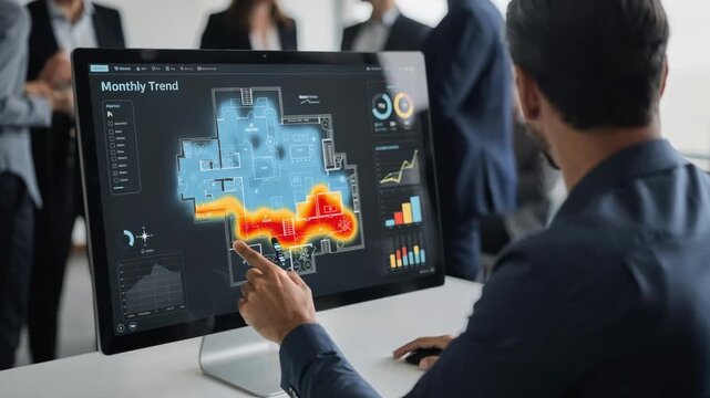 Medium closeup of staff studying monthly trend heatmap of visitor flow on a sleek digital floorplan background attendees blurred.