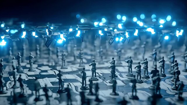 Combat drones above soldiers on chessboard, Robotic Smart Warfare Military Technology Chess Strategy Defence Future War Metaphor mIniature models