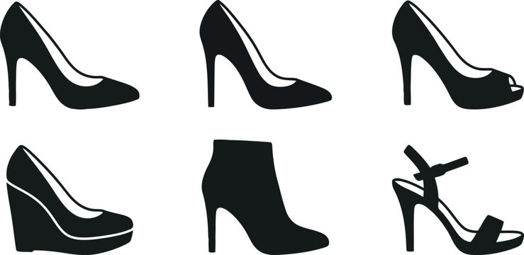Collection of six different styles of black high heel shoes and footwear isolated on transparent background for fashion and style concepts