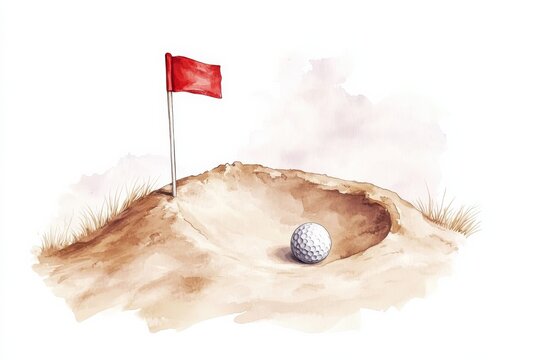 Golf sand bunker with red flag and golf ball in a watercolor style in a leisure activity setting