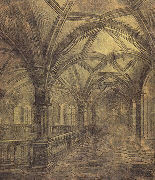 Gothic arch vaulted stone hallway vintage engraving