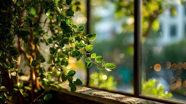 Office window view in medium focus showing green foliage outside gentle sunlight streaming through and blurred indoor elements emphasizing connection with nature.