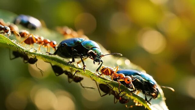 Macro view of ants and metallic beetle on a leaf with water droplets