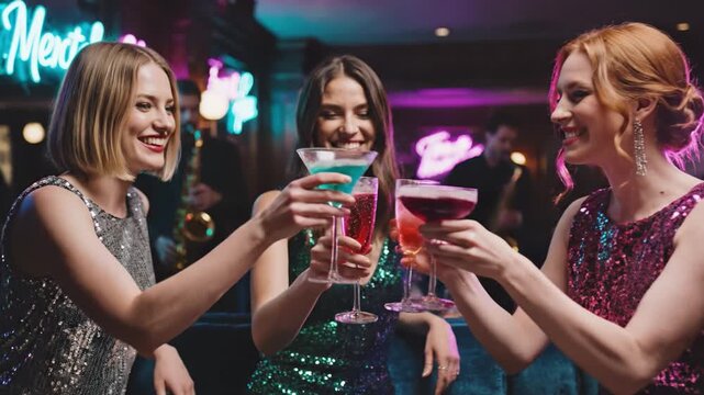 Three women in sequined dresses toast with colorful cocktails in a neon-lit bar. They celebrate friendship and singleness. Perfect for nightlife and social event promotions.