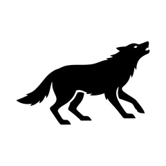 Silhouette of a lone wolf trotting through an open field under a clear sky