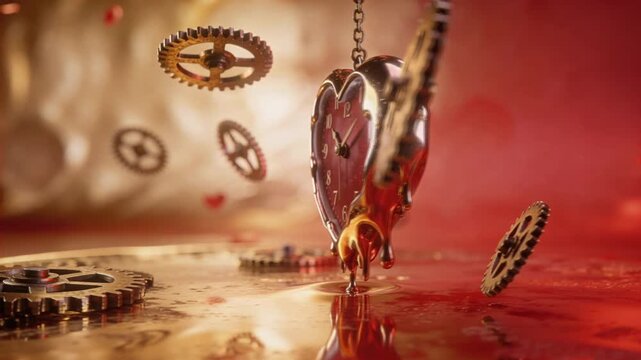 Suspended heart‑shaped clock with melting metallic edges, floating gears and soft red‑gold reflections, creating a surreal temporal Valentine&rsquo;s aesthetic without people, text or logos.