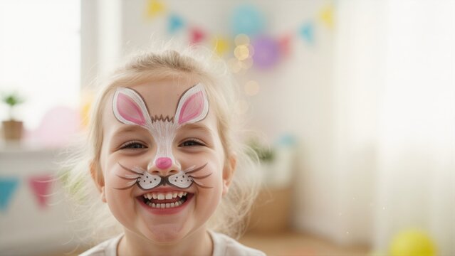 Laughing young girl with rabbit face paint. Happy child with bunny makeup for Easter celebration. Close up portrait of smiling kid at party