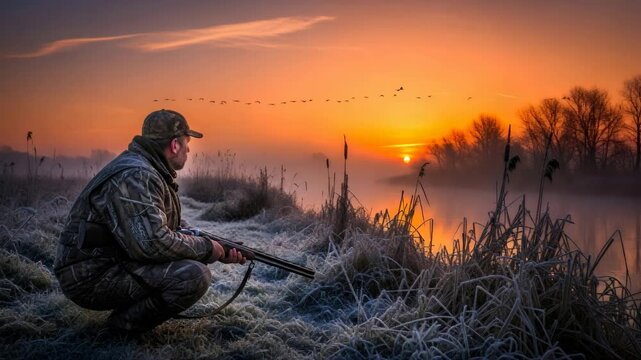 Hunter crouching with rifle by misty lake at sunrise. Man hunting waterfowl in autumn landscape covered in frost.
