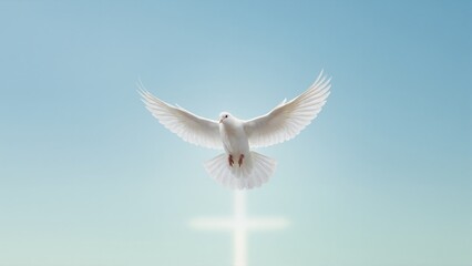 Obraz premium White dove flying above glowing cross in blue sky. Religious symbol of Holy Spirit and faith. Resurrection and Christianity concept