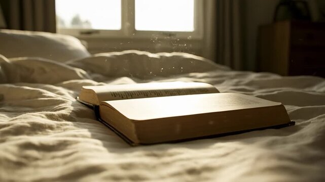 An open book rests on a rumpled bed, bathed in warm, soft morning light from a window. Tiny dust motes float gracefully in the air above, creating a calm, reflective and peaceful atmosphere.