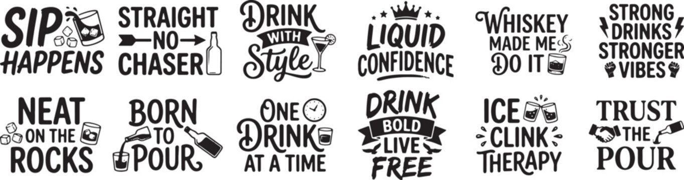 Whiskey Quotes Typography Hand Lettered Alcohol Humor SVG Bundle Designs