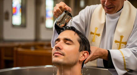 Priest pouring water over a mans head during a water baptism ceremony. Christian sacrament for religious conversion.
