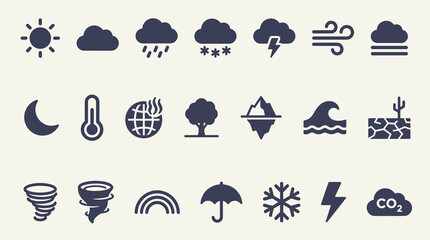 Naklejka premium A comprehensive set of minimalist weather and environmental icons representing meteorological conditions and global climate change issues for digital design