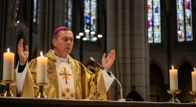Man bishop in golden vestment praying with hands raised at altar with candles, cross, and microphone in church for ceremony.