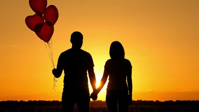 couple holding heart balloons at sunset symbolizing love romance and valentine celebration