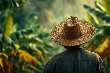 farmer in a straw hat stands with back to the camera, surrounded by lush greenery. The soft light and natural setting evoke a peaceful, rural atmosphere.