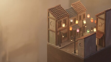 Isometric 3D Miniature Street Corner with Hanging Lanterns and Crescent Motifs, Copy Space