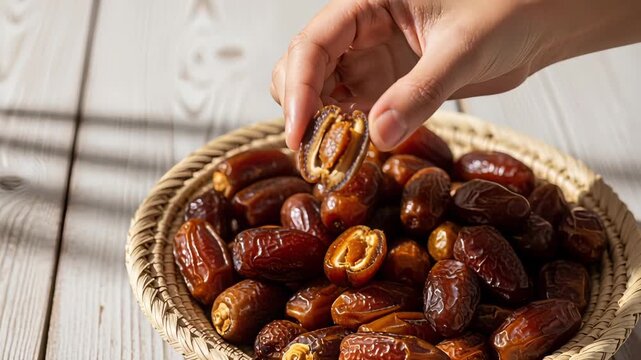 hand picking fresh dates from woven basket on sunlit wooden table for healthy snacking