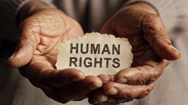 The camera focuses on weathered hands as they slowly open to reveal a powerful human rights message on torn paper. A cinematic close-up representing a plea for global dignity and justice.