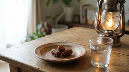 Minimal Iftar Still Life with Dates on Ceramic Plate, Glass of Water and Lantern Glow, Photoreal 3D