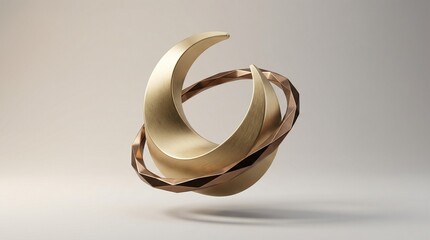 Premium 3D Matte Gold Crescent with Geometric Ring on Clean Gradient, Copy Space