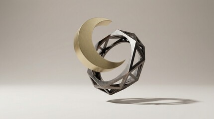 Premium 3D Matte Gold Crescent with Geometric Ring on Clean Gradient, Copy Space