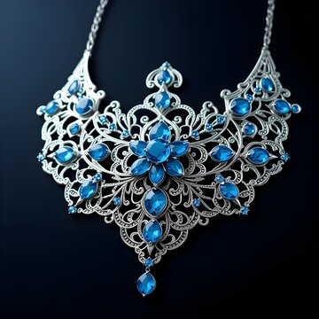 Collar grande y pesado de plata con zafiros azules formando una flor