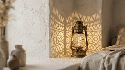 Warm Lantern Light Casting Delicate Geometric Shadows on Textured Plaster Wall, Copy Space