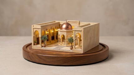 Premium 3D Miniature Mosque Diorama with Dome, Arches and Hanging Lanterns, Gradient Copy Space