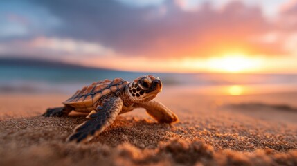 A small turtle makes its way across the sandy beach at sunrise, capturing a moment of perseverance and the beauty of nature, showcasing life and hope in its natural habitat.