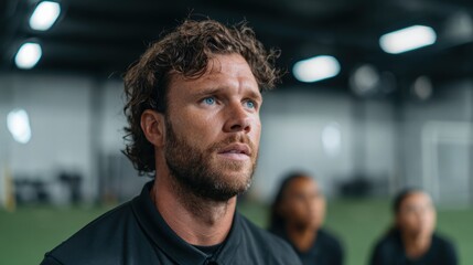 Fototapeta premium A focused image of a man with curly hair looking thoughtfully into the distance, conveying determination, inspiration, and the quest for achievement in life.