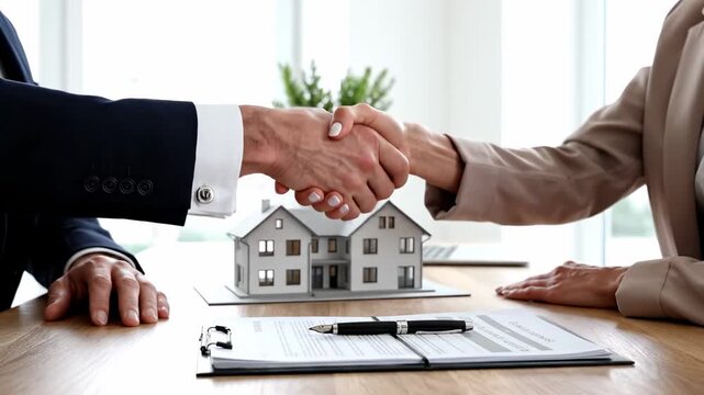 Real estate agents concluding a successful property transaction, shaking hands over a signed contract document with a miniature house model placed on a wooden office desk
